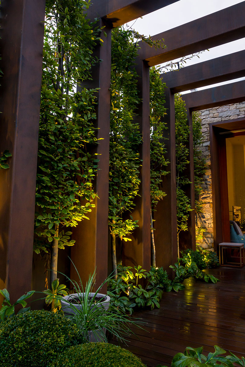 gardens at night accent lighting feature trees around garden edge