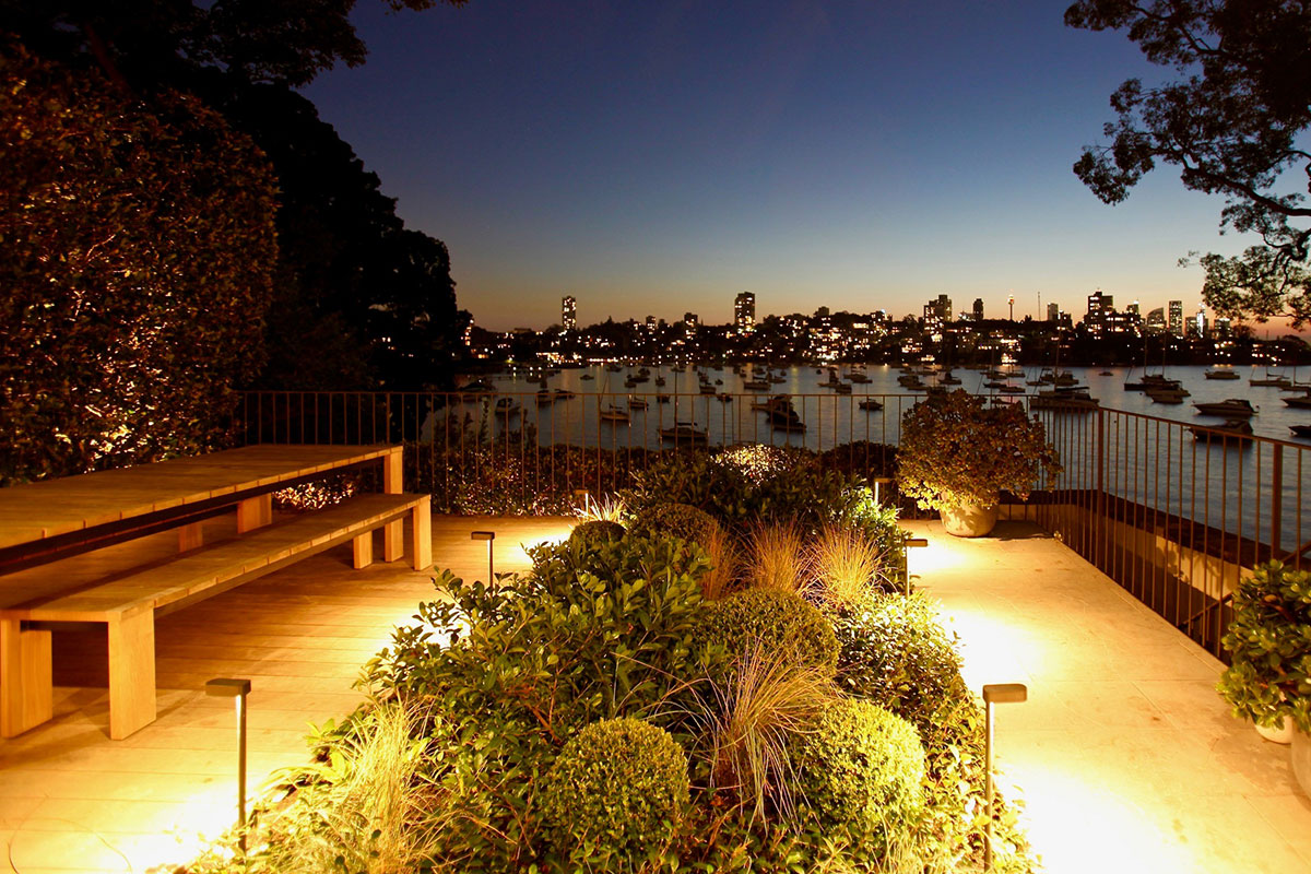 Gardens at Night path light in garden overlooking sydney harbour