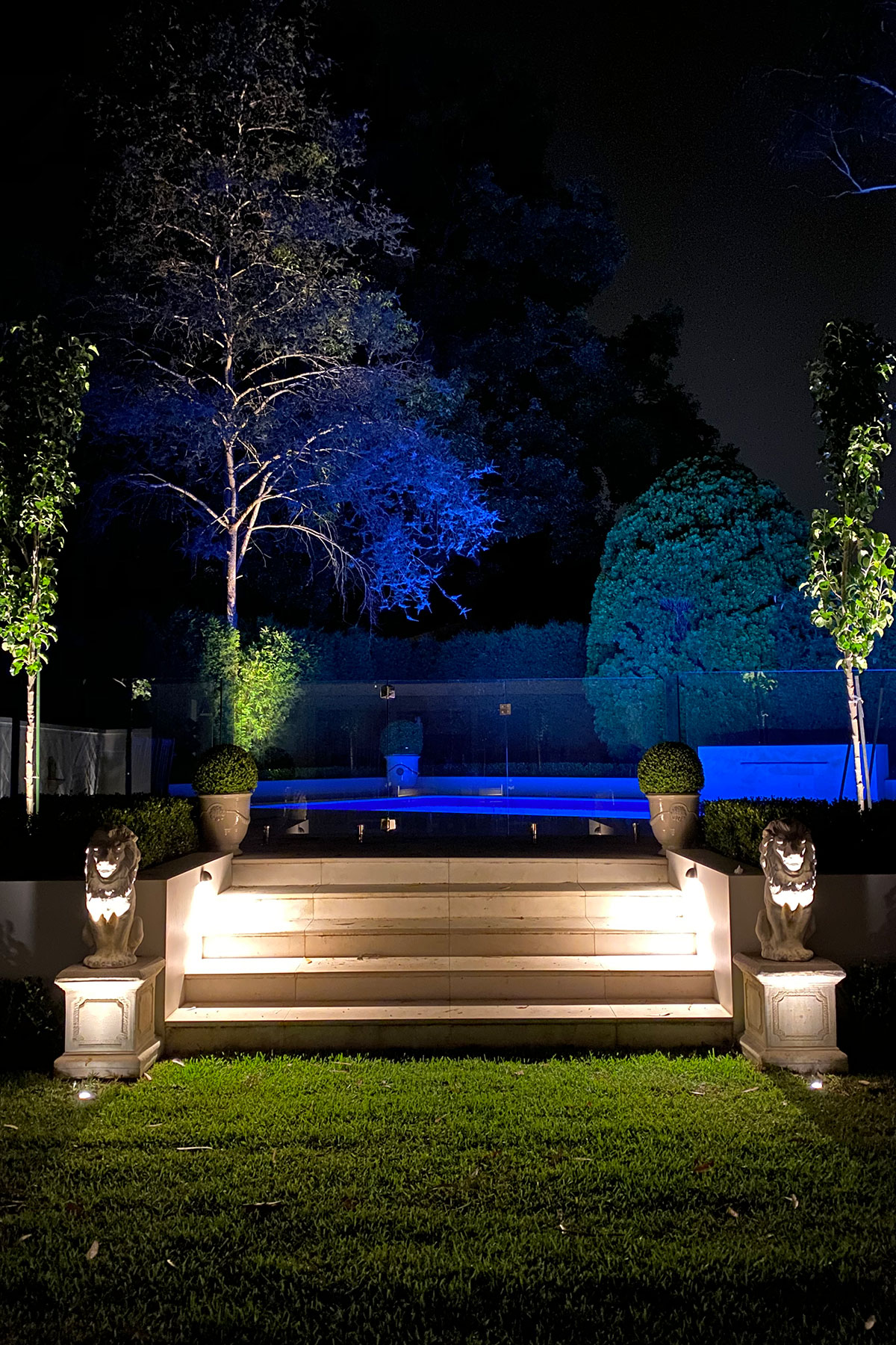 Gardens at Night inground uplight illuminating sculptures and staircase in landscaped garden sydney